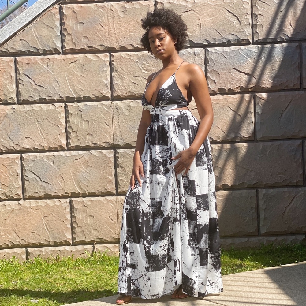 Black White Marble Print Maxi Dress Size XL - Picture 3 of 4